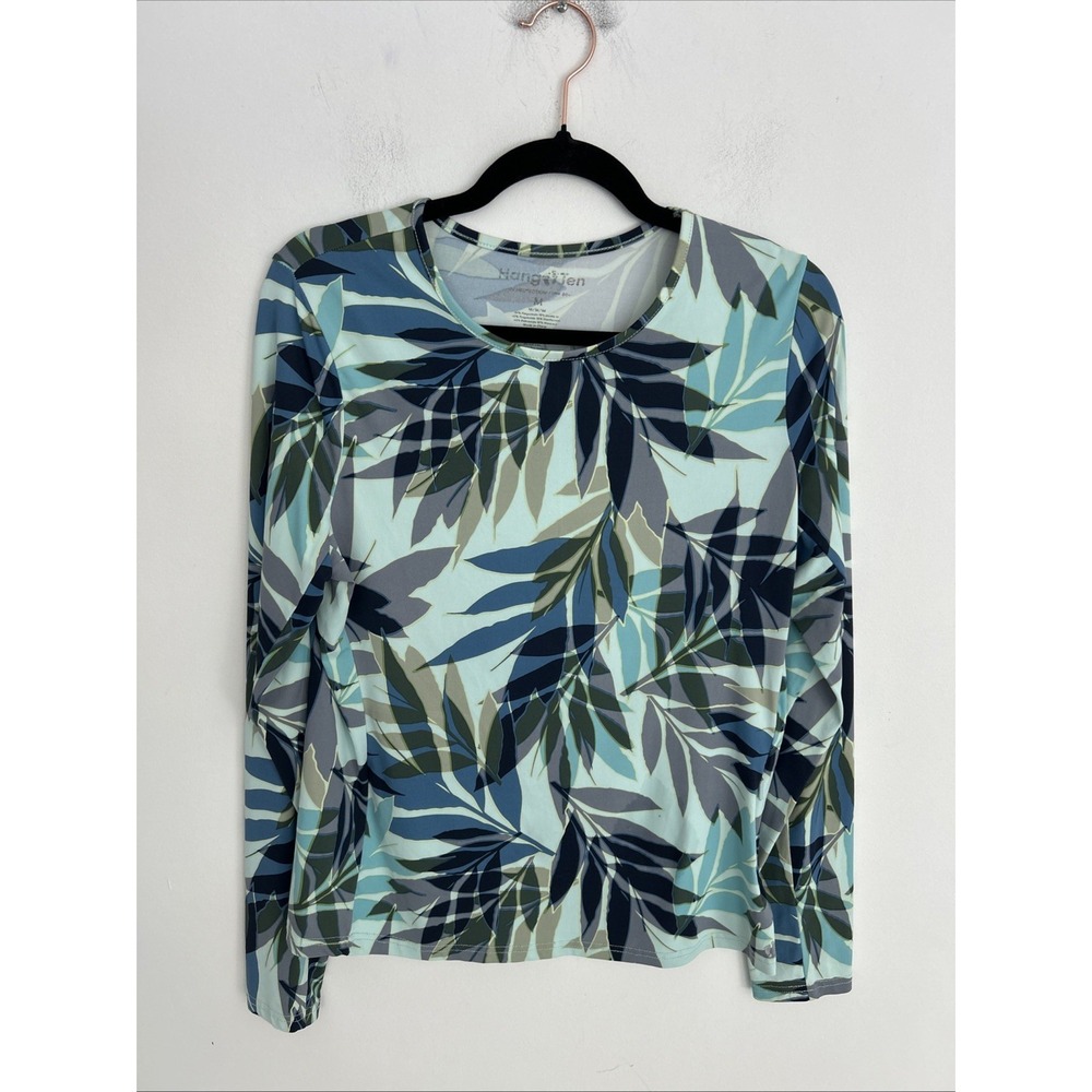 Hang Ten PF 50 Women's M Long‎ Sleeve Blue Green Floral Leaf Hidden Pocket Top